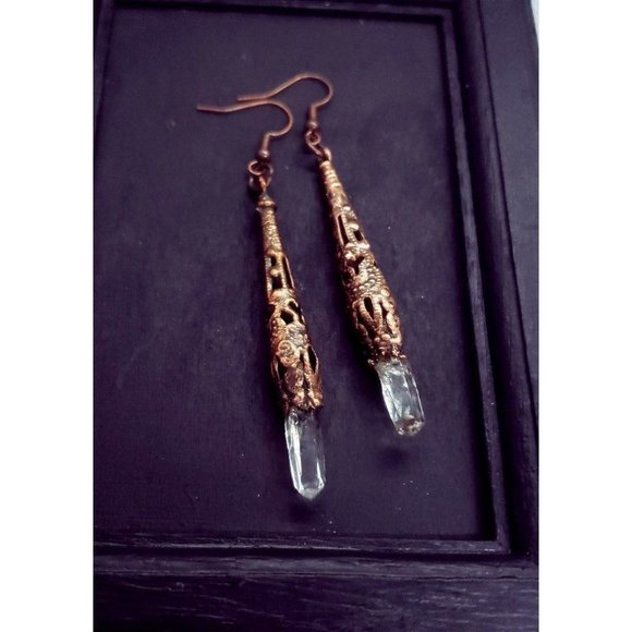 Copper plated filigree quartz crystal earrings handmade gothic style jewelry - Picture 9 of 12